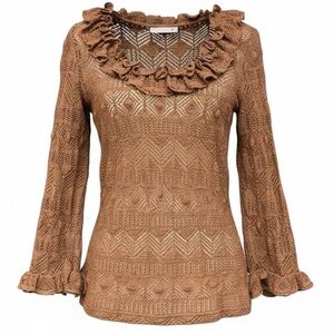 Oscar de la Renta Brown Crochet Knit Top Ruffle Collar Sleeves Small Y2K Vintage